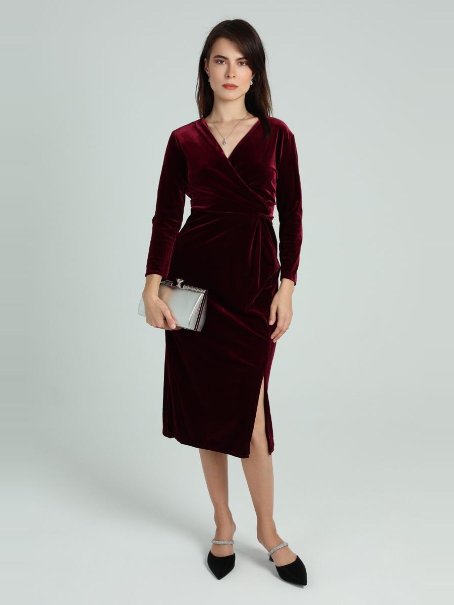 Velvet Wrap Midi Dress