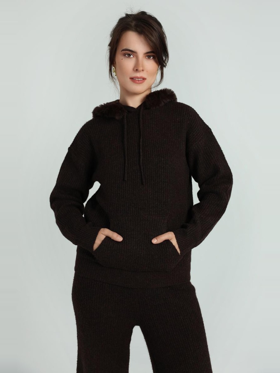 Knitted Hoodie with Faux Fur