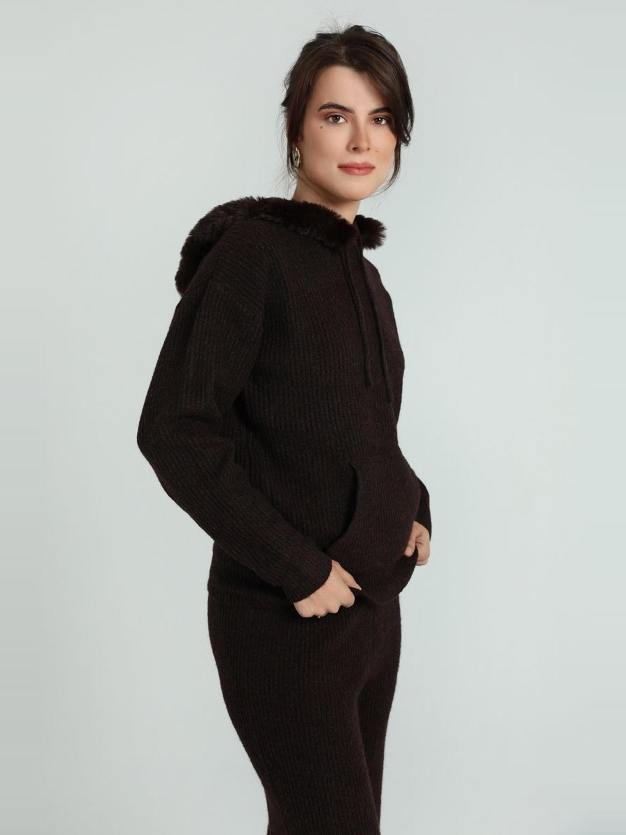 Knitted Hoodie with Faux Fur