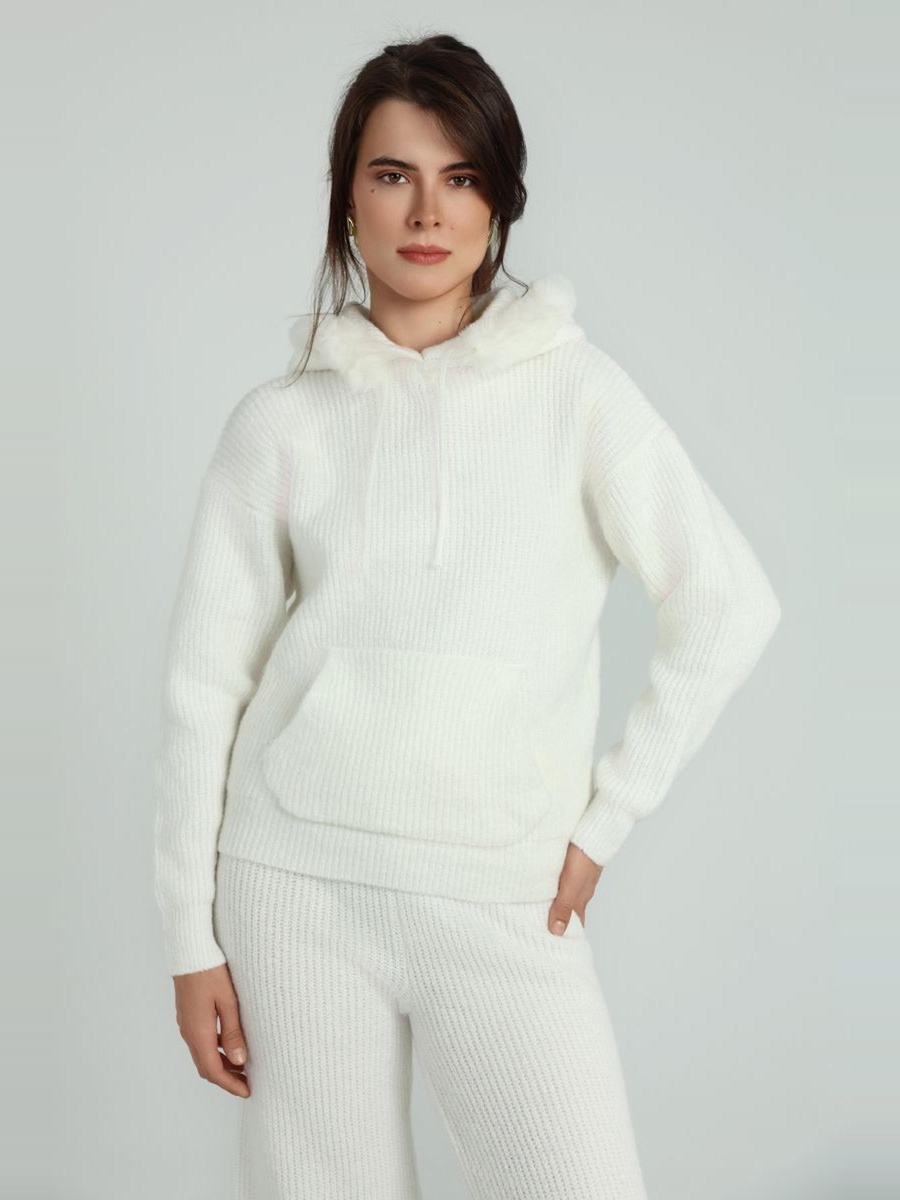 Knitted Hoodie with Faux Fur