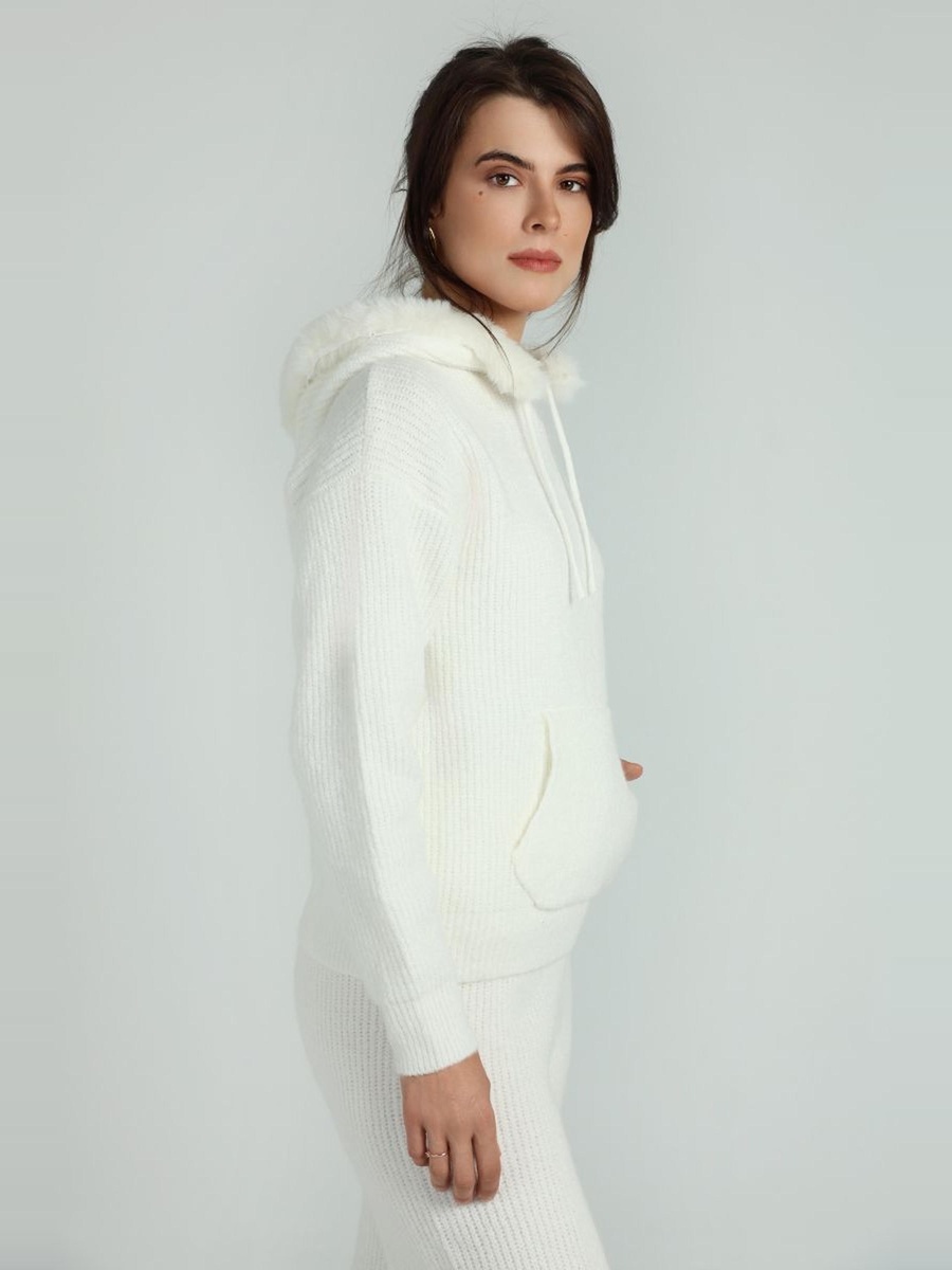 Knitted Hoodie with Faux Fur