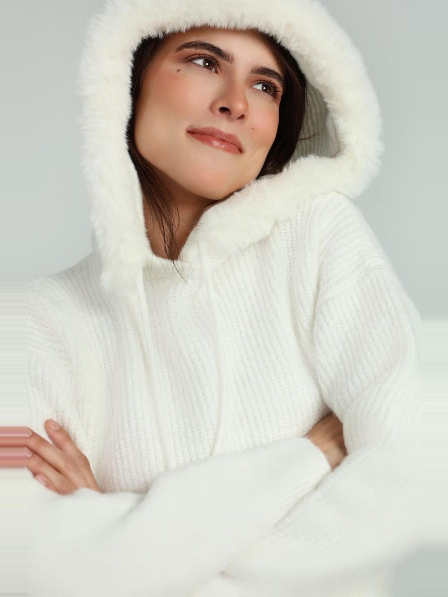 Knitted Hoodie with Faux Fur
