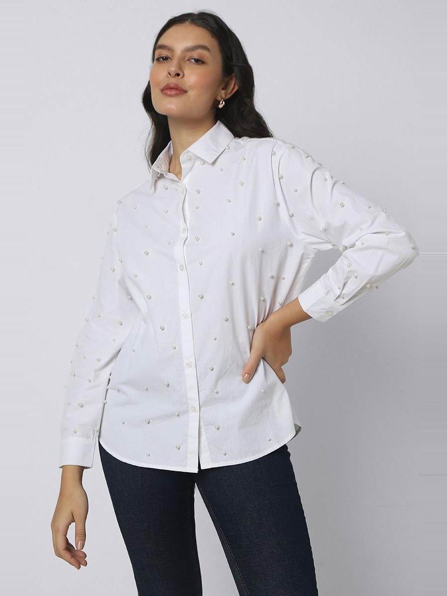 Shirt with Faux Pearl Detail