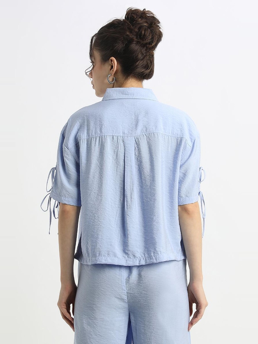Solid Cropped Shirt with Sleeve Drawstrings