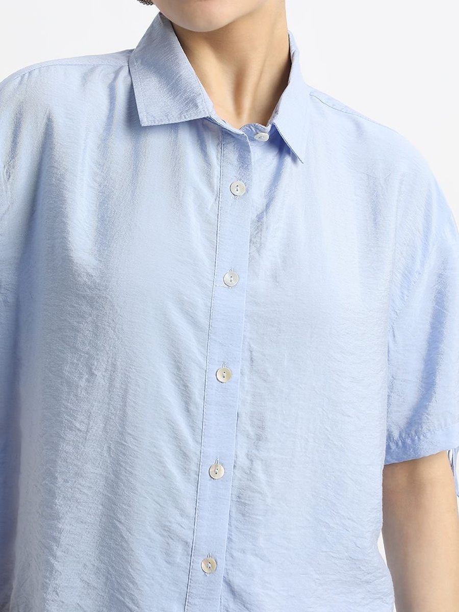 Solid Cropped Shirt with Sleeve Drawstrings