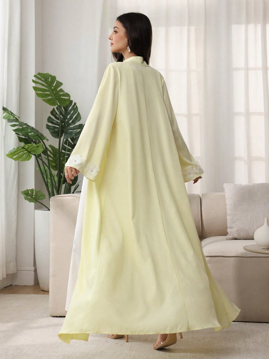 Women Yellow Floral Patchwork Detail Abaya