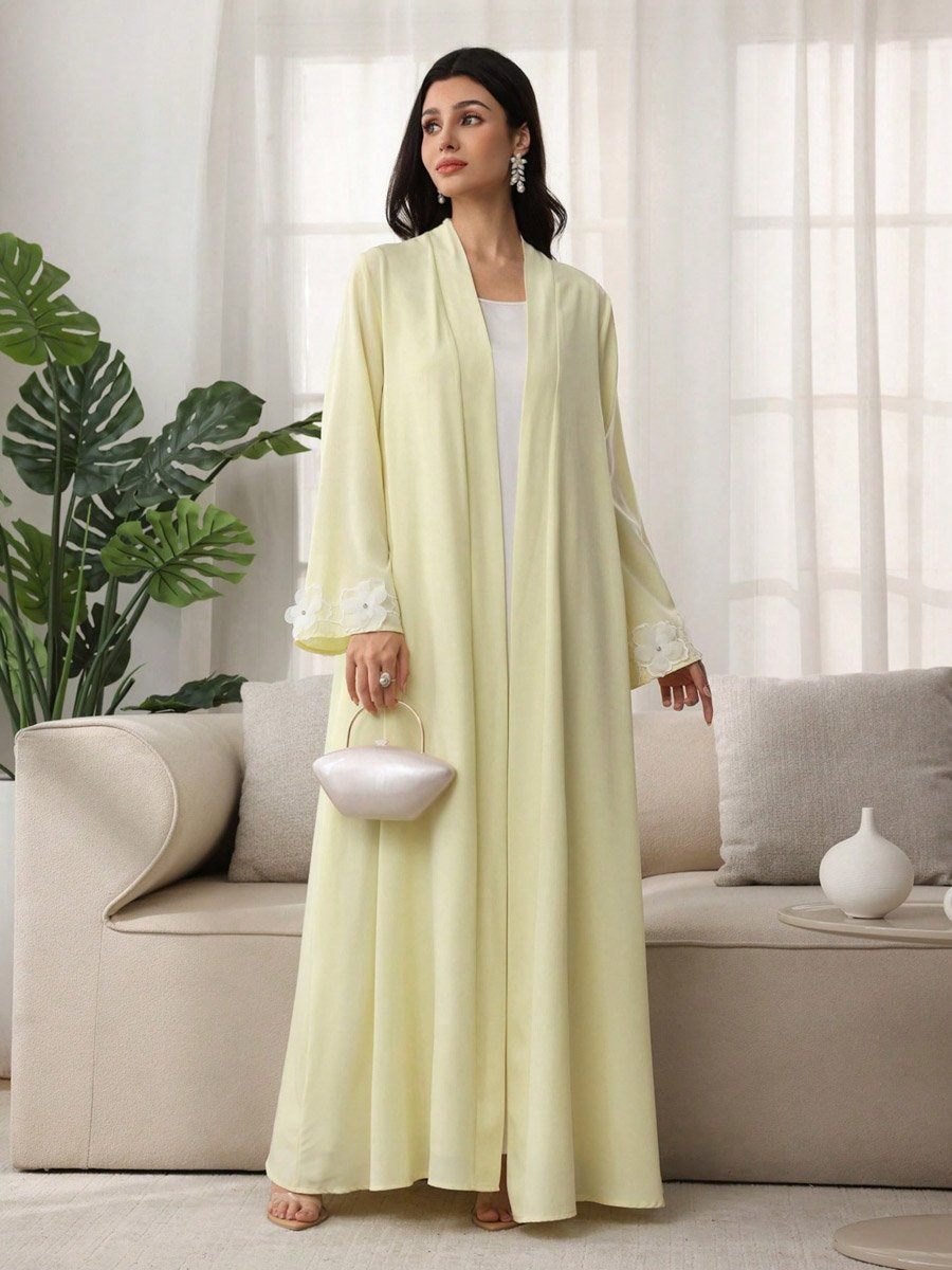 Women Yellow Floral Patchwork Detail Abaya