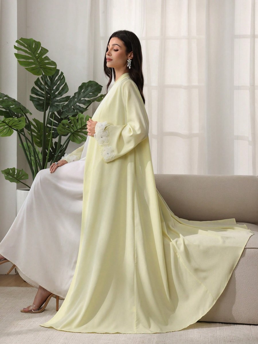 Women Yellow Floral Patchwork Detail Abaya
