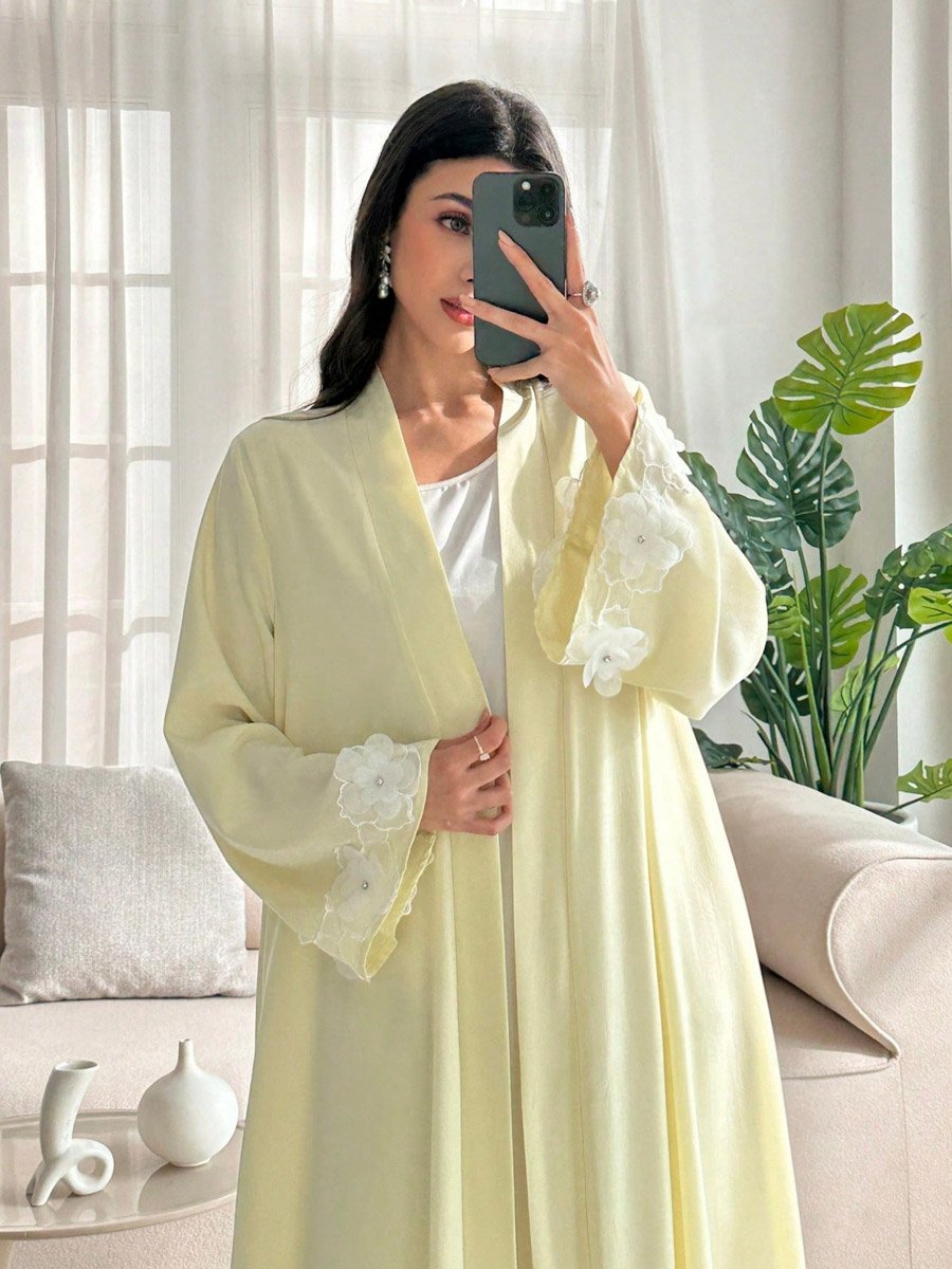 Women Yellow Floral Patchwork Detail Abaya