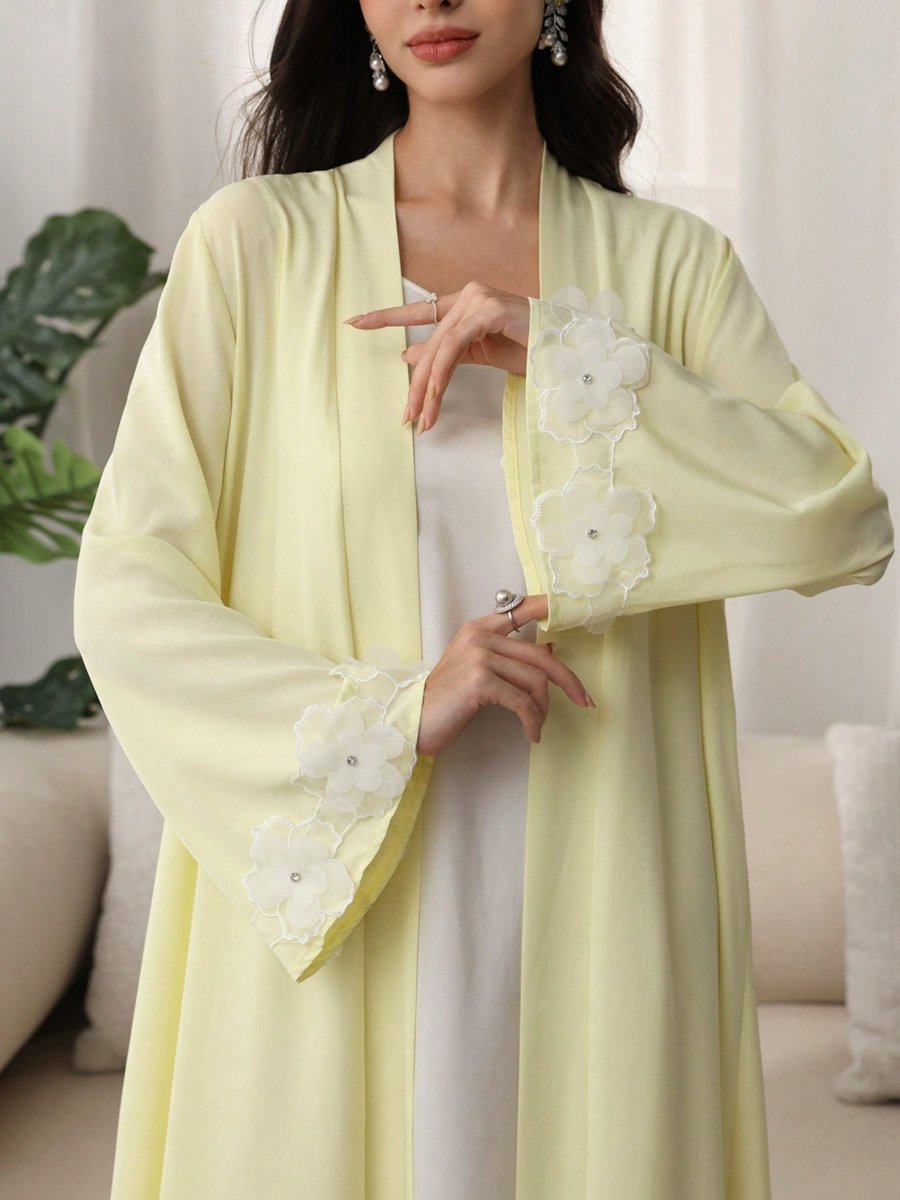 Women Yellow Floral Patchwork Detail Abaya