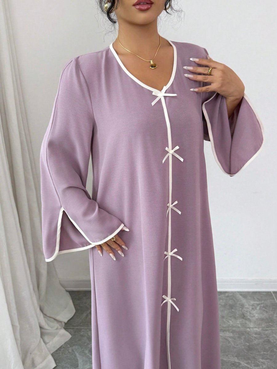 Women Lilac Slit Sleeve Jalabiya with Bow Details