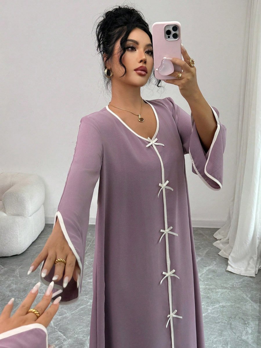 Women Lilac Slit Sleeve Jalabiya with Bow Details