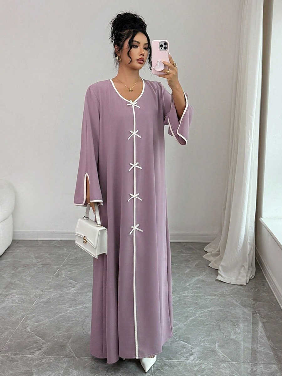 Women Lilac Slit Sleeve Jalabiya with Bow Details