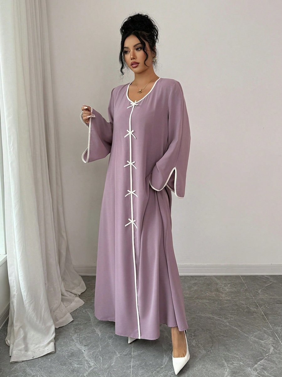 Women Lilac Slit Sleeve Jalabiya with Bow Details