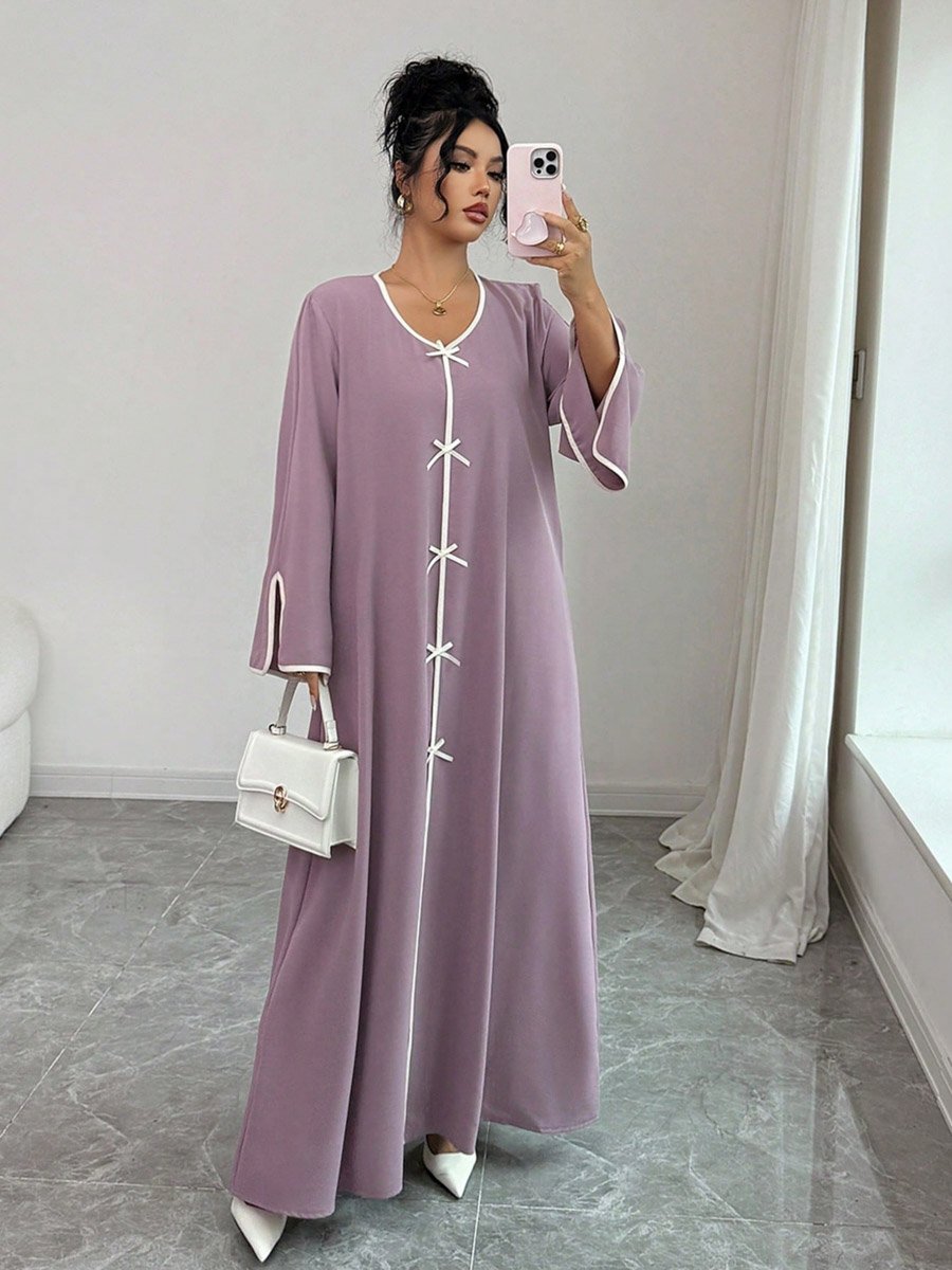 Women Lilac Slit Sleeve Jalabiya with Bow Details