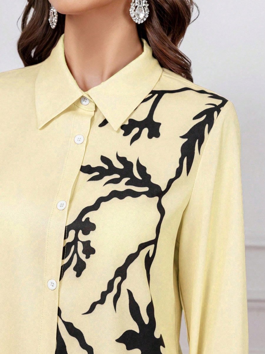 Yellow Leaf Print Shirt and Wide Leg Pants Co-ords