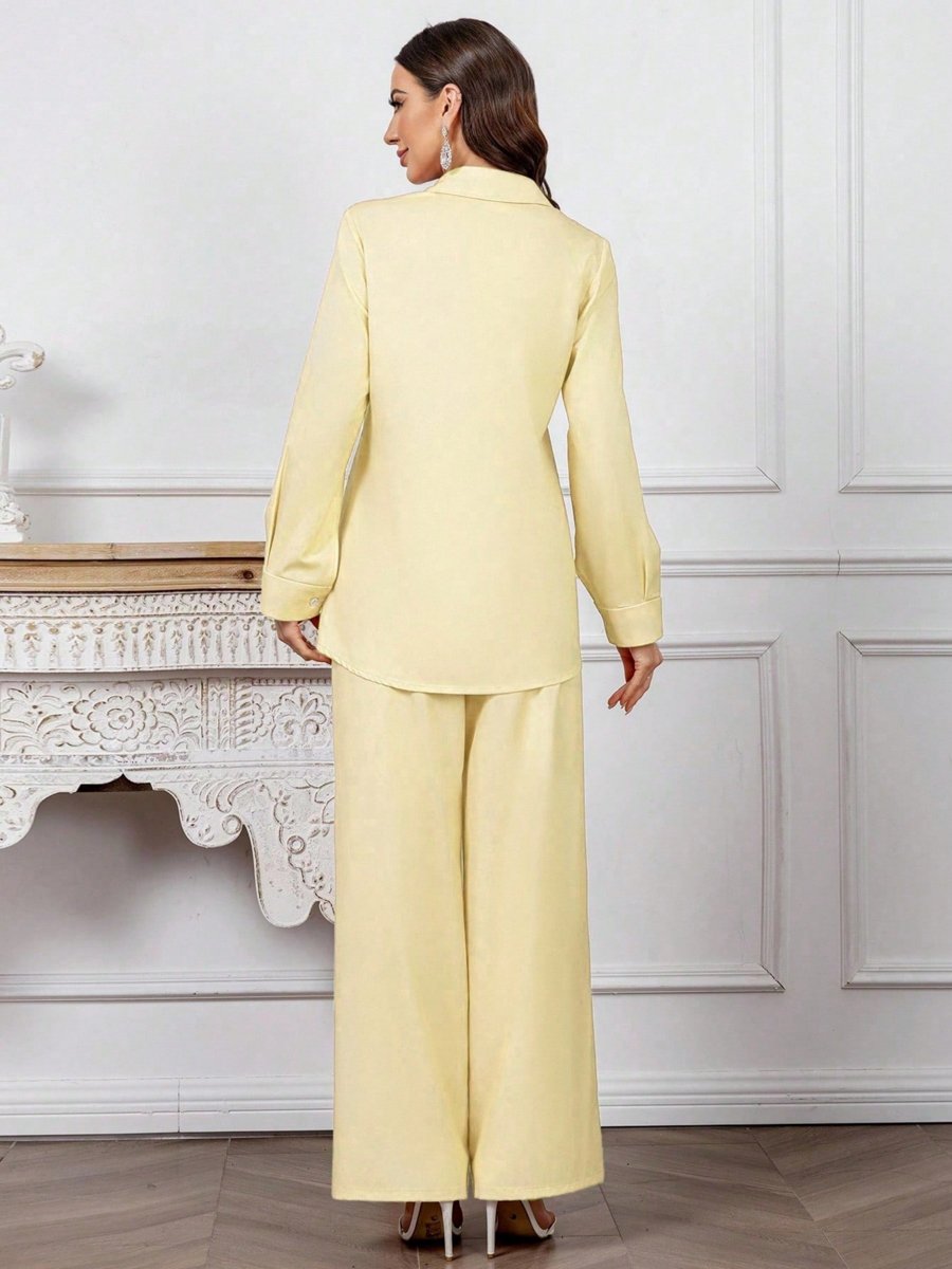 Yellow Leaf Print Shirt and Wide Leg Pants Co-ords