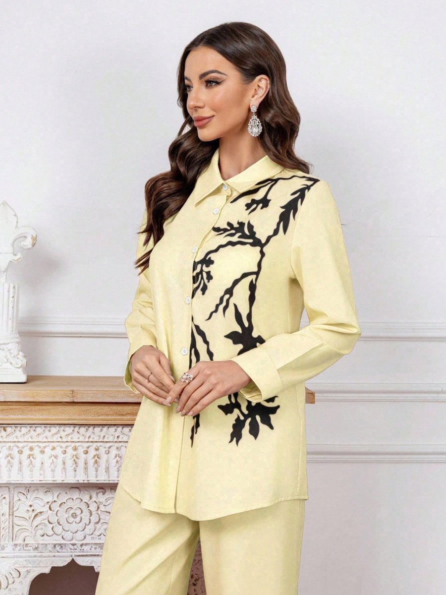 Yellow Leaf Print Shirt and Wide Leg Pants Co-ords