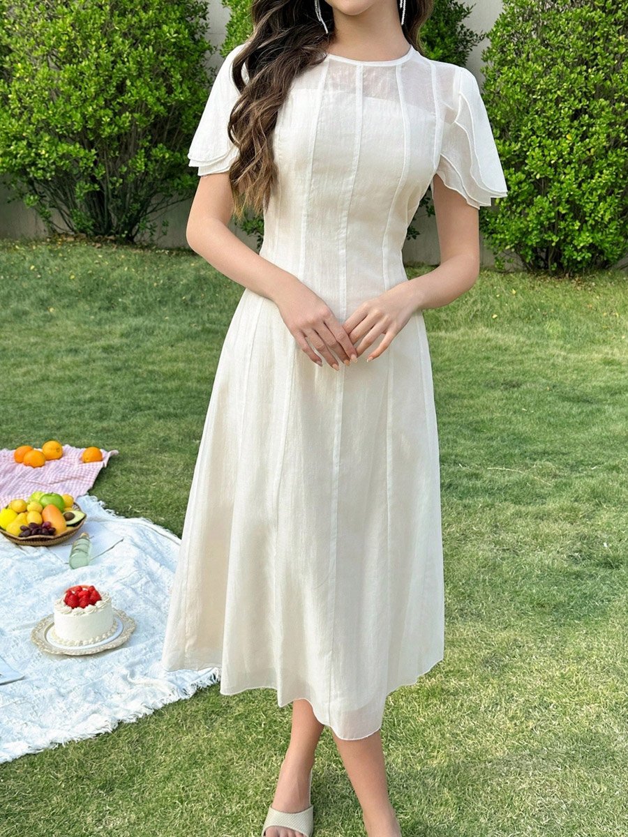 Women White Puff Sleeve Midi Dress