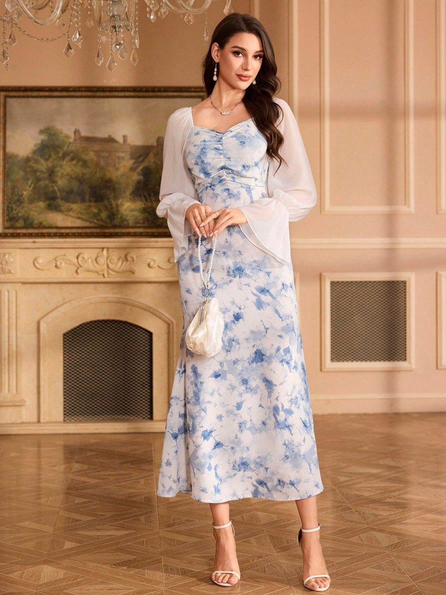 Women Blue Tie-Dye Print Ruched Maxi Dress For Women at Bahrain | Styli Women Blue Tie-Dye Print Ruched Maxi Dress For Women at Bahrain | Styli