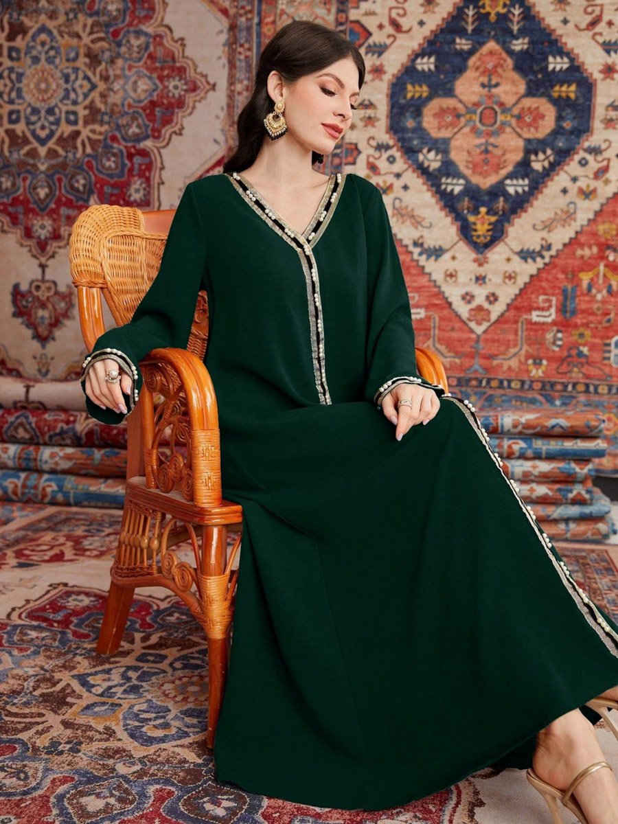 Women Dark Green Embroidered A-Line Jalabiya