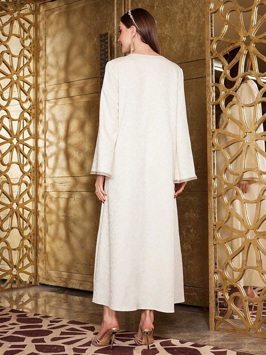 Beige V Neck Embroidered Panel Jalabiya