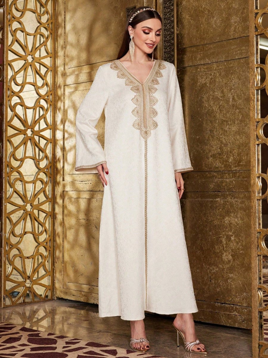 Beige V Neck Embroidered Panel Jalabiya