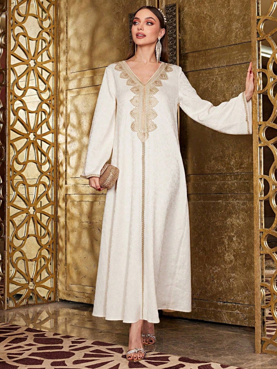 Beige V Neck Embroidered Panel Jalabiya