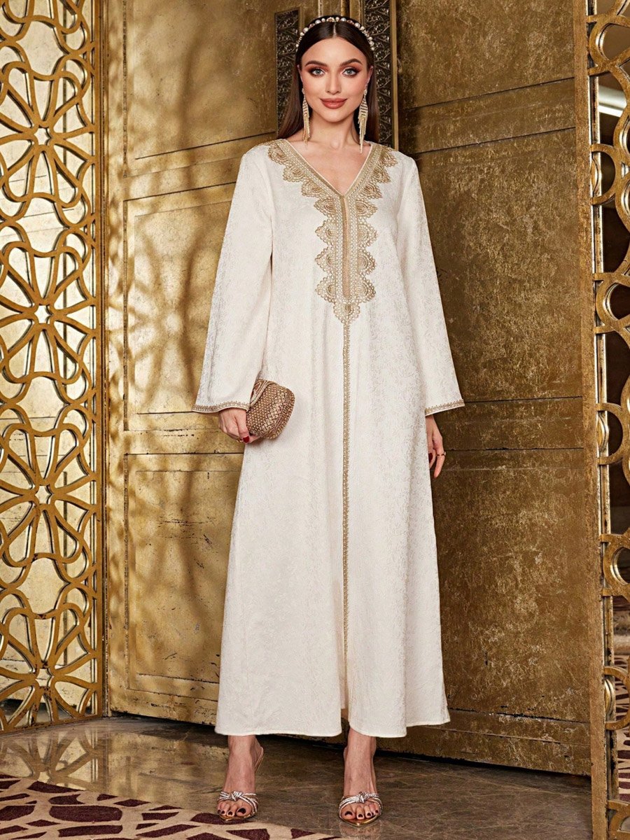 Beige V Neck Embroidered Panel Jalabiya