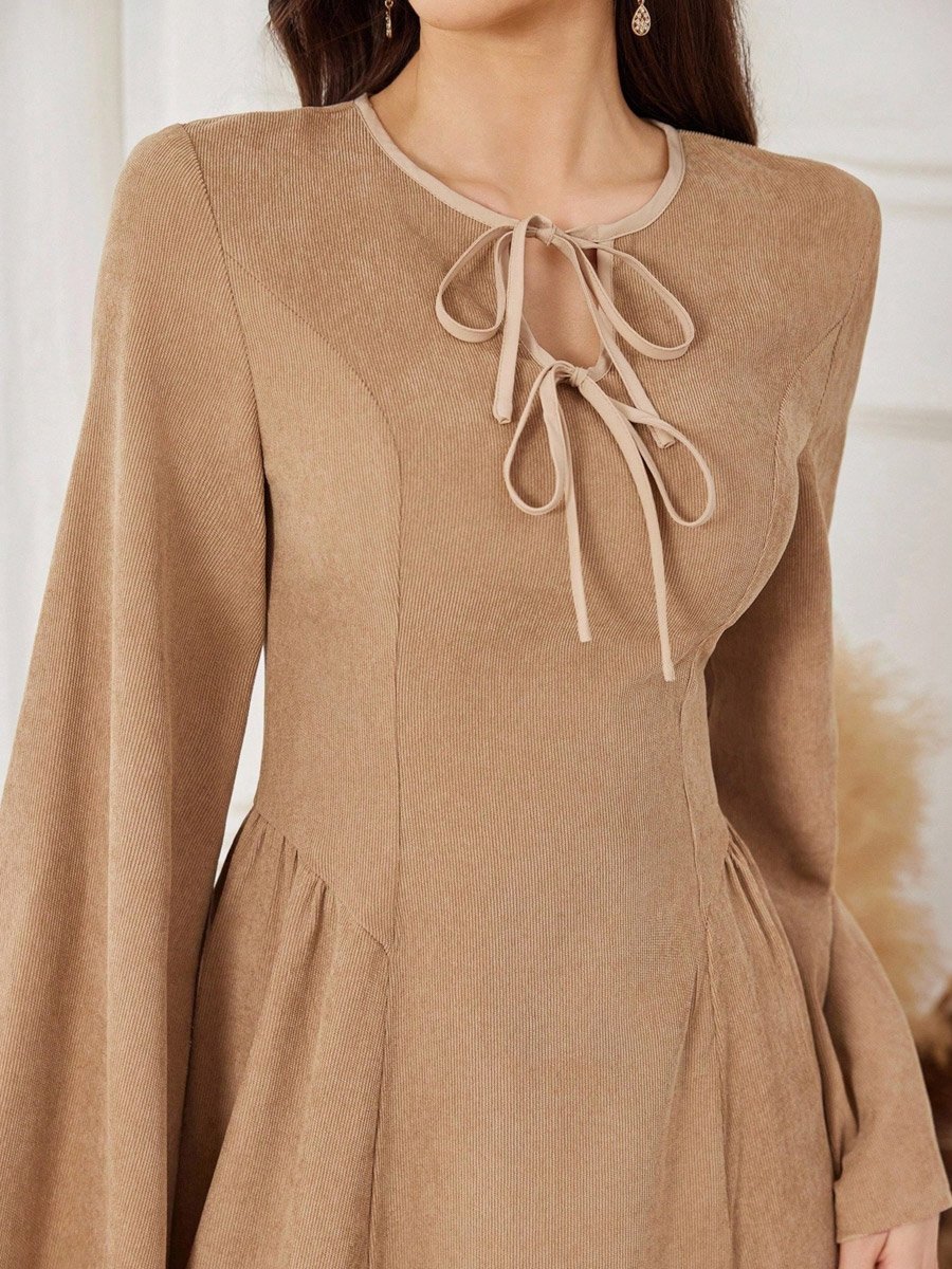 Women Beige Tie-Up Neck A-Line Maxi Dress
