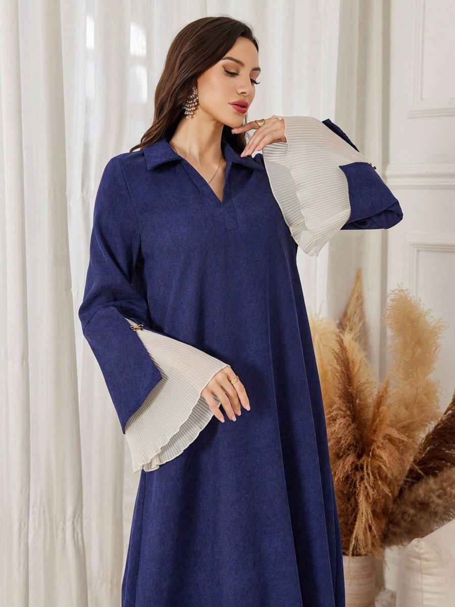 Navy Blue Open Collar Jalabiya with Bell Sleeves