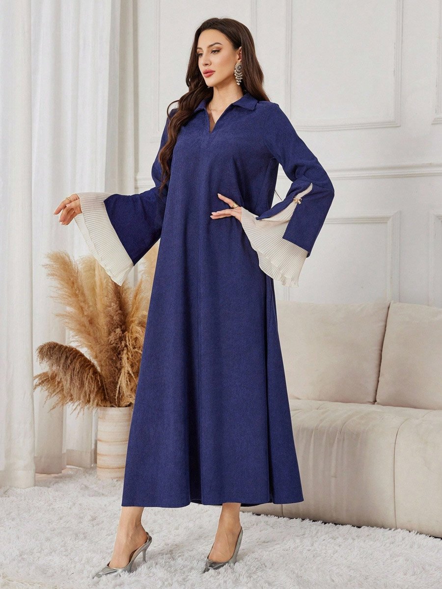 Navy Blue Open Collar Jalabiya with Bell Sleeves