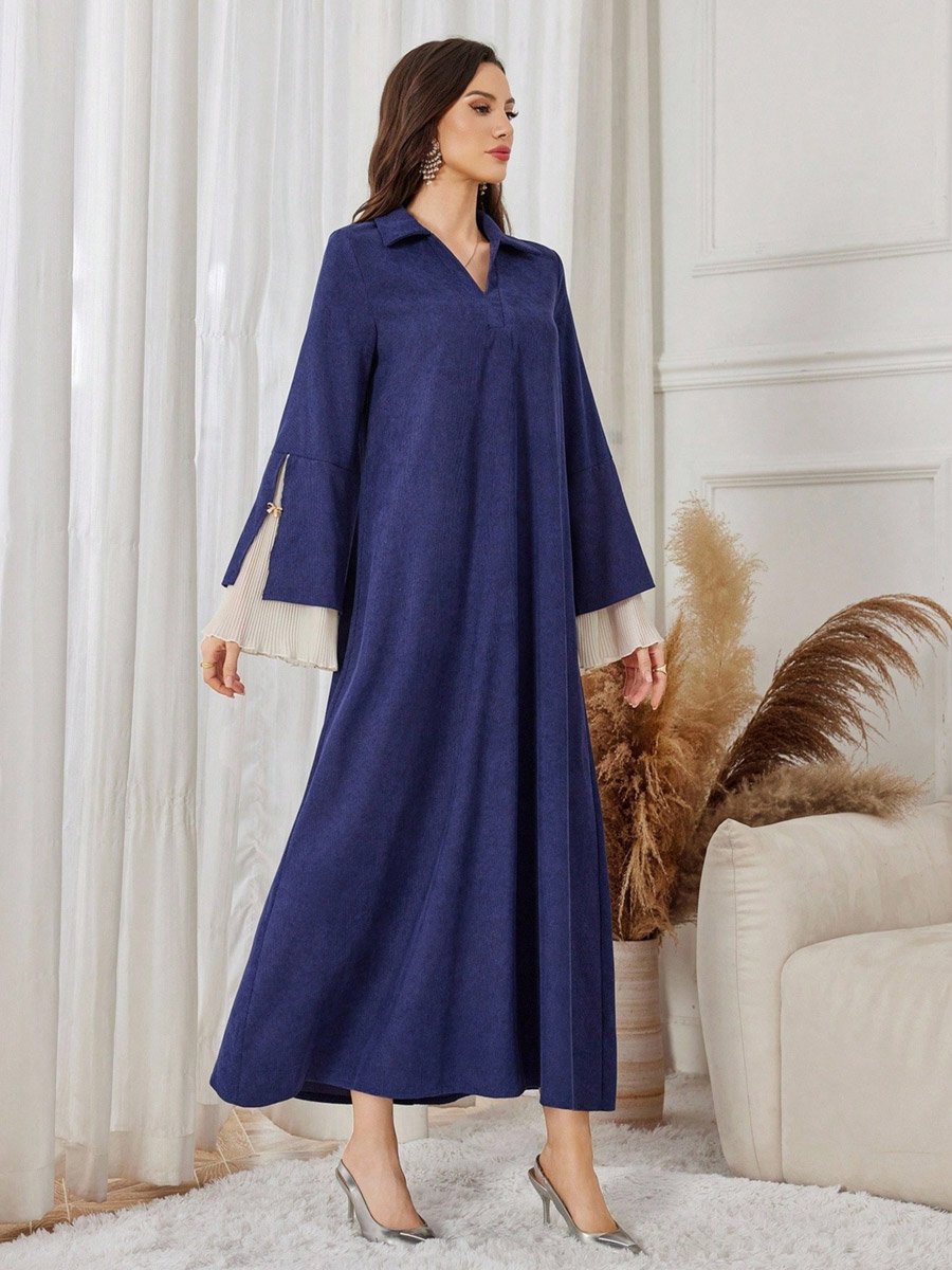Navy Blue Open Collar Jalabiya with Bell Sleeves