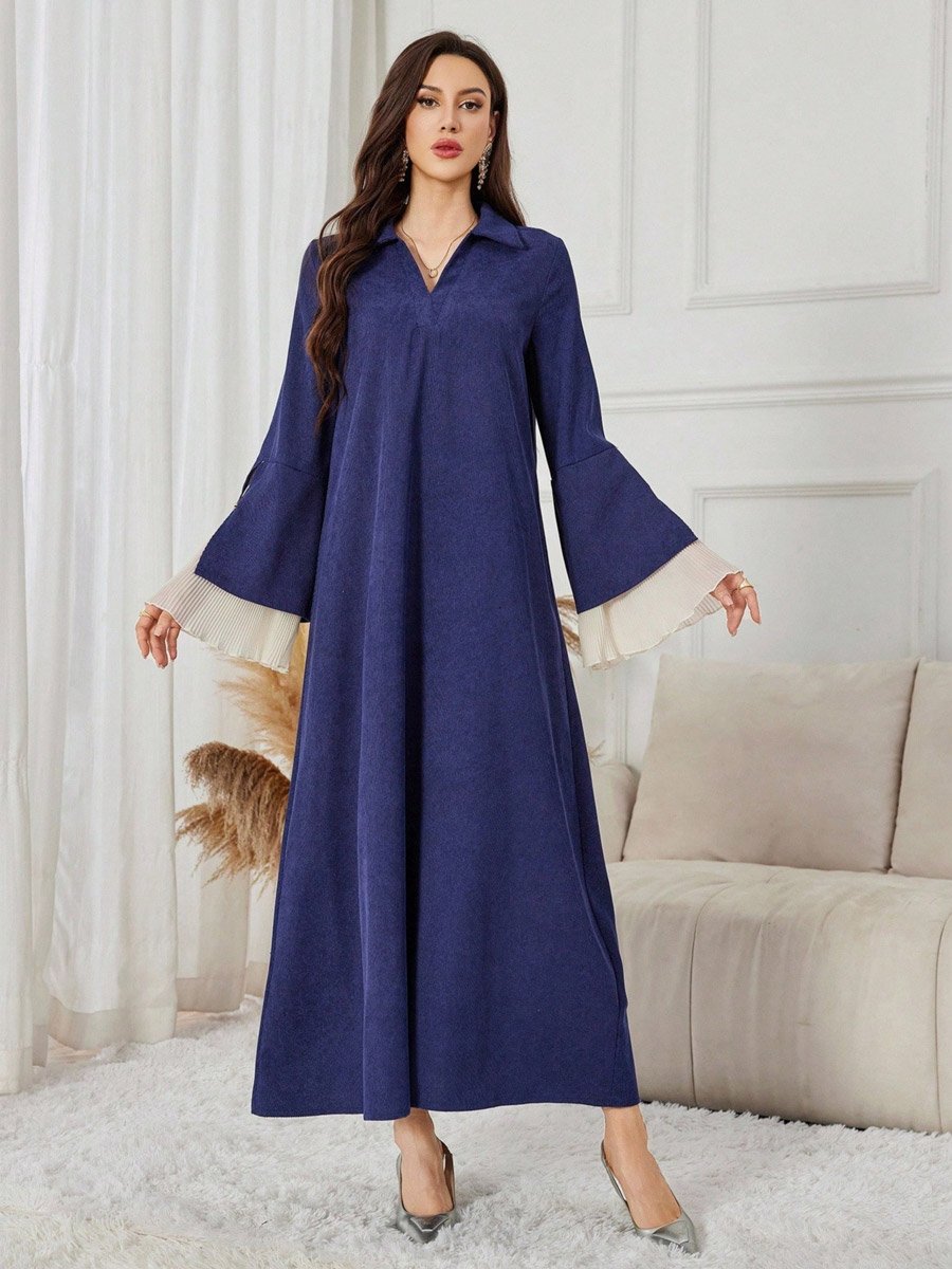 Navy Blue Open Collar Jalabiya with Bell Sleeves