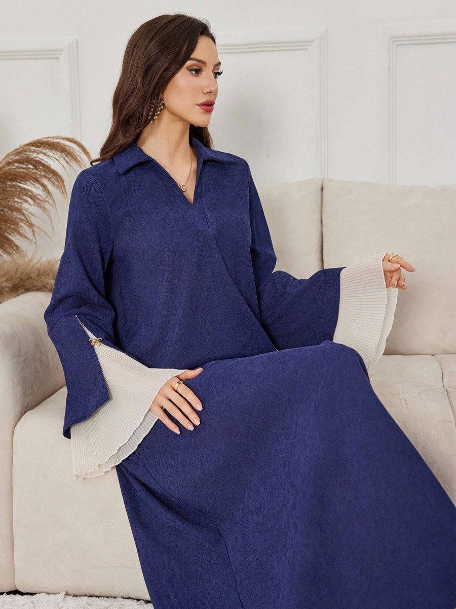 Navy Blue Open Collar Jalabiya with Bell Sleeves