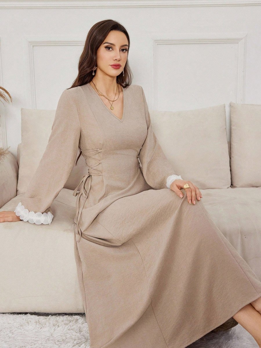 Women Beige Waist Tie Maxi Dress
