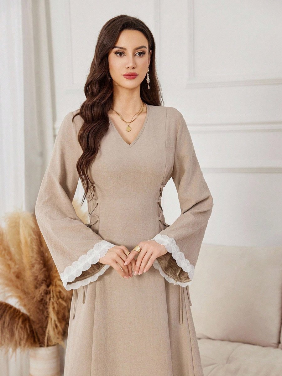 Women Beige Waist Tie Maxi Dress
