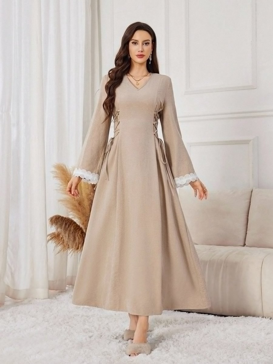 Women Beige Waist Tie Maxi Dress
