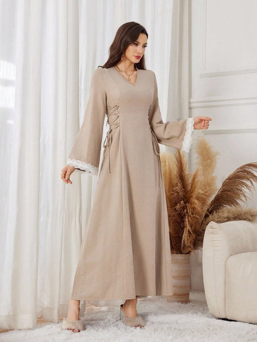 Women Beige Waist Tie Maxi Dress