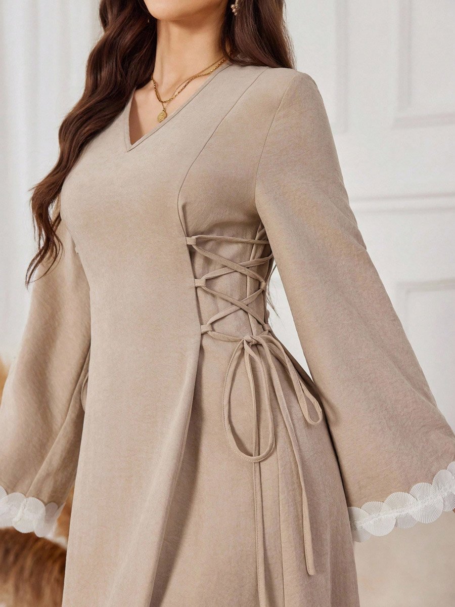 Women Beige Waist Tie Maxi Dress