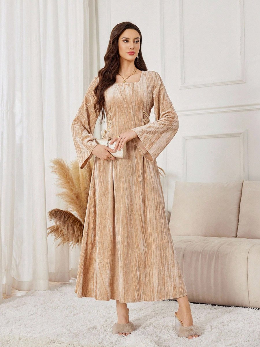 beige textured dress Mac Duggal - Beige 3/4 Sleeve Beaded Trim Patch Pocket Tweed Midi Dress main image 0