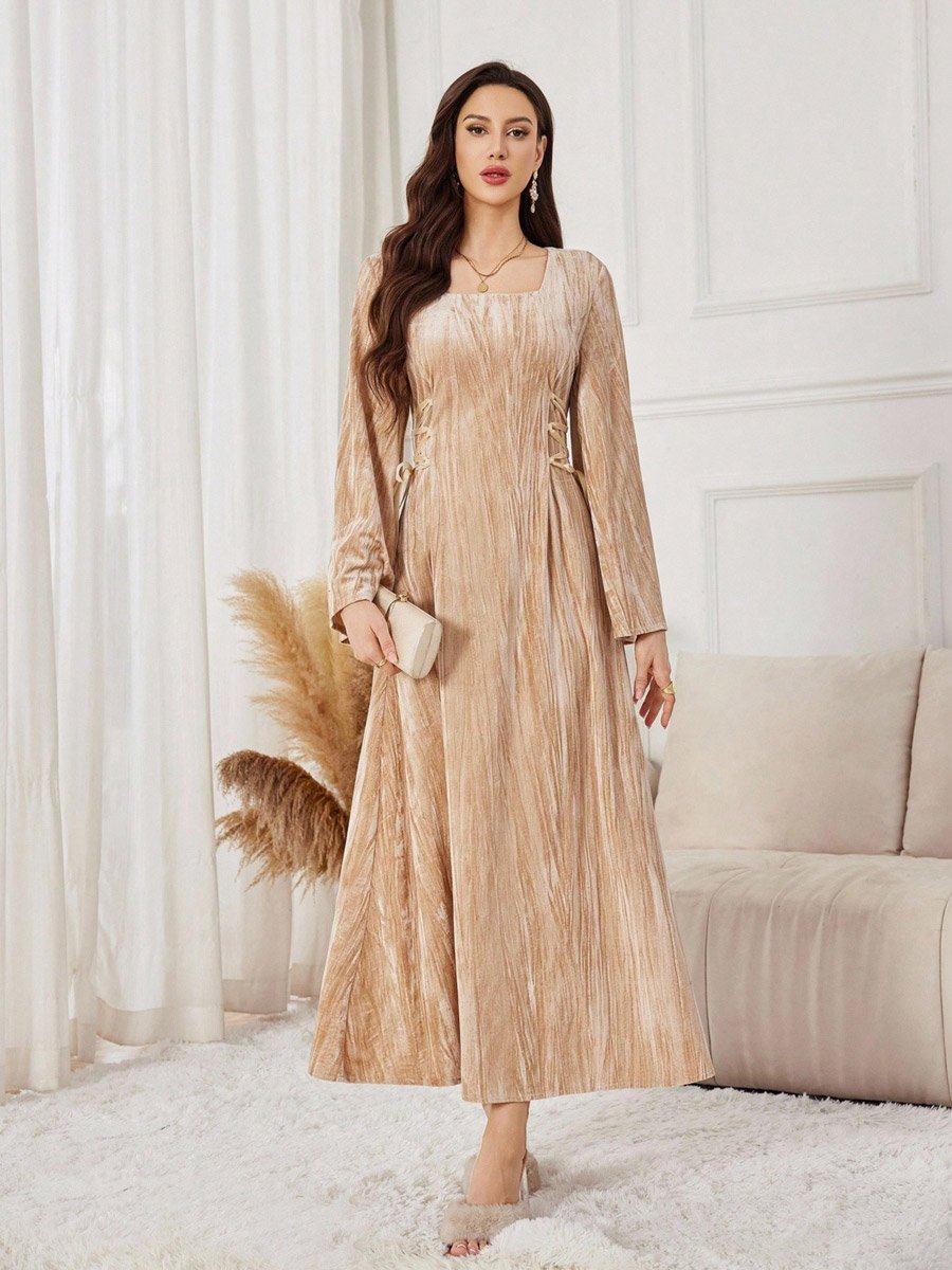 Women Beige Textured Waist Tie Maxi Dress