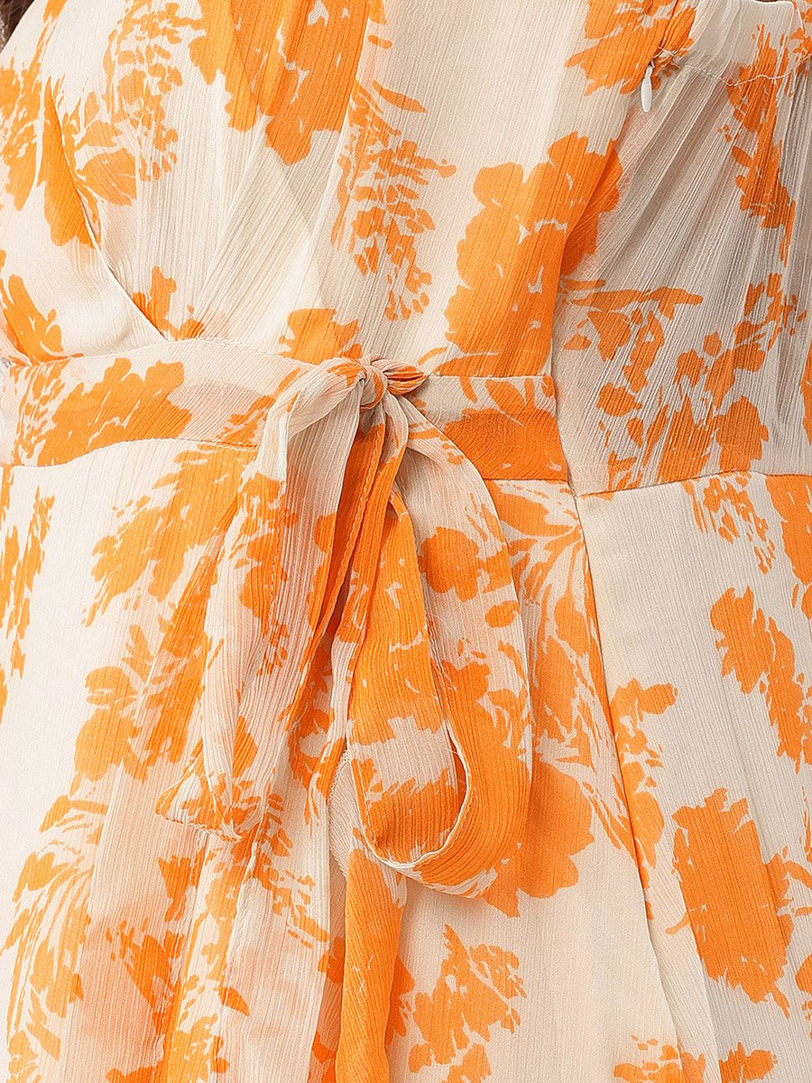 Women Orange Floral Print Wrap Maxi Dress