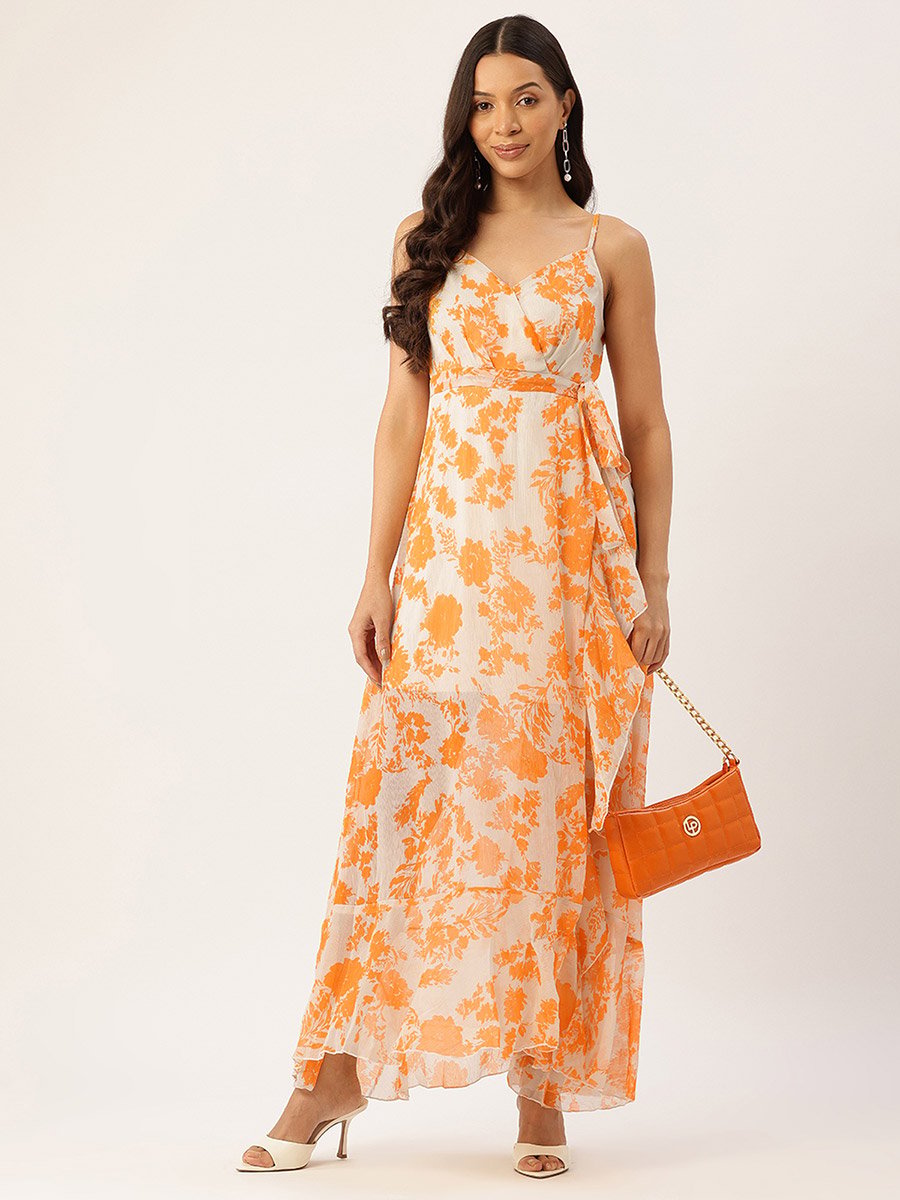 Women Orange Floral Print Wrap Maxi Dress
