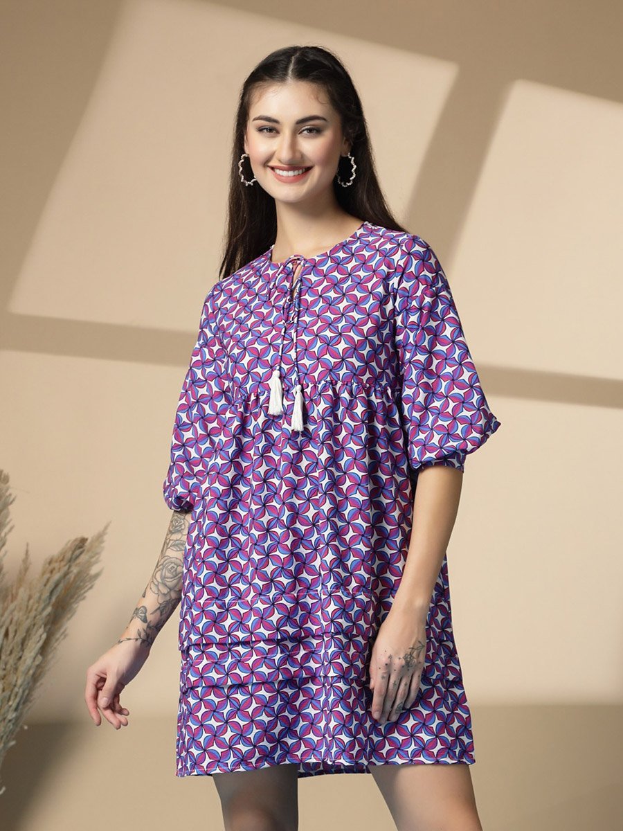 Women Printed Tie-Up Neck A-Line Mini Dress