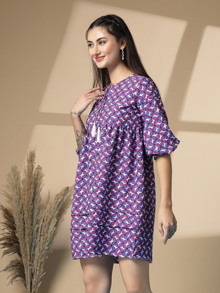 Women Printed Tie-Up Neck A-Line Mini Dress