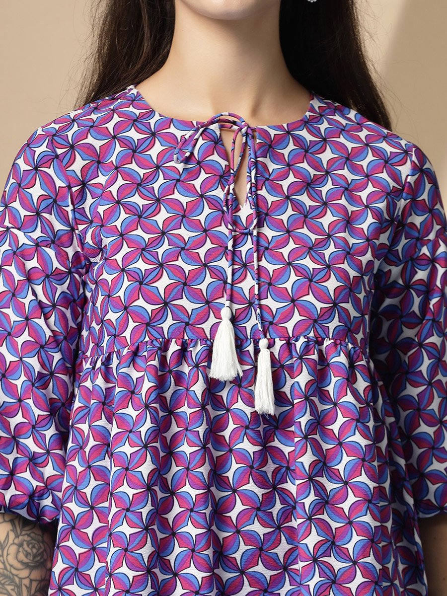 Women Printed Tie-Up Neck A-Line Mini Dress