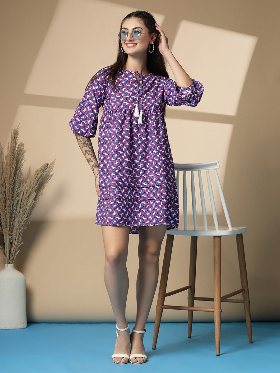 Women Printed Tie-Up Neck A-Line Mini Dress