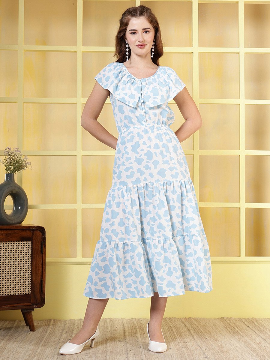 Women Blue Floral Print Crepe A-Line Midi Dress