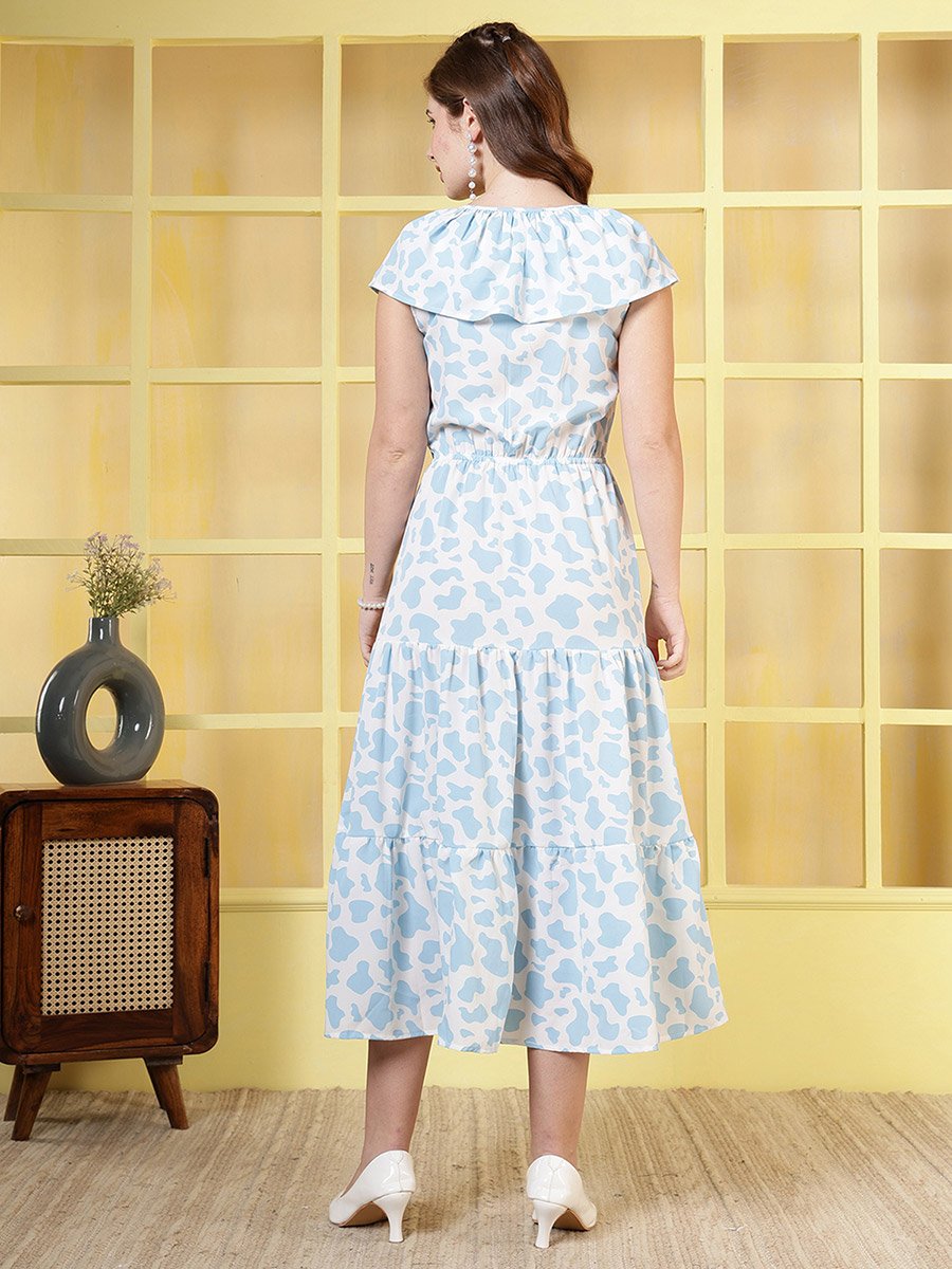 Women Blue Floral Print Crepe A-Line Midi Dress